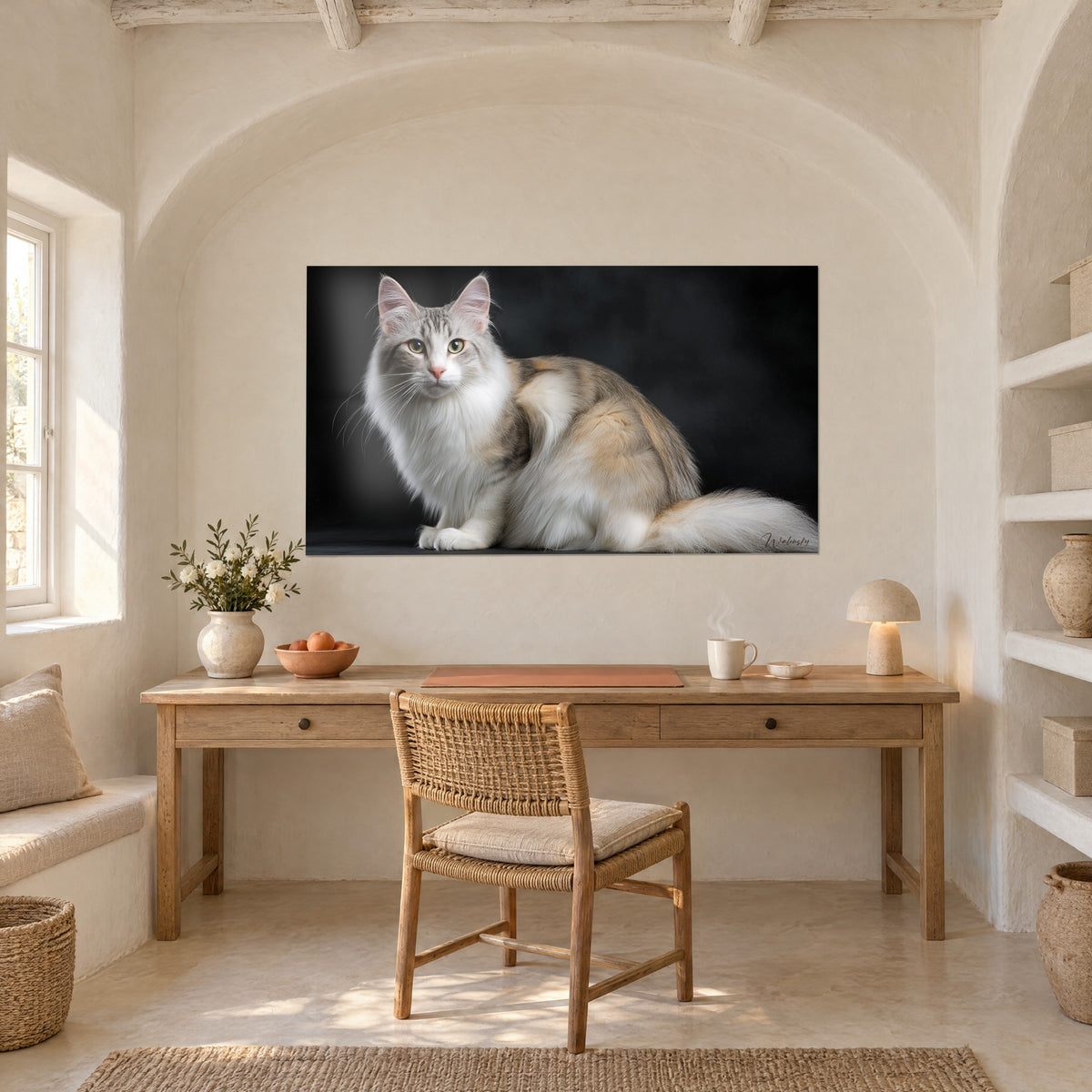Πίνακας γάτος Angora με πράσινα μάτια, λευκό κολάρο και μπεζ ράχη, κρεμασμένος πάνω από γραφείο από ανοιχτόχρωμο ξύλο