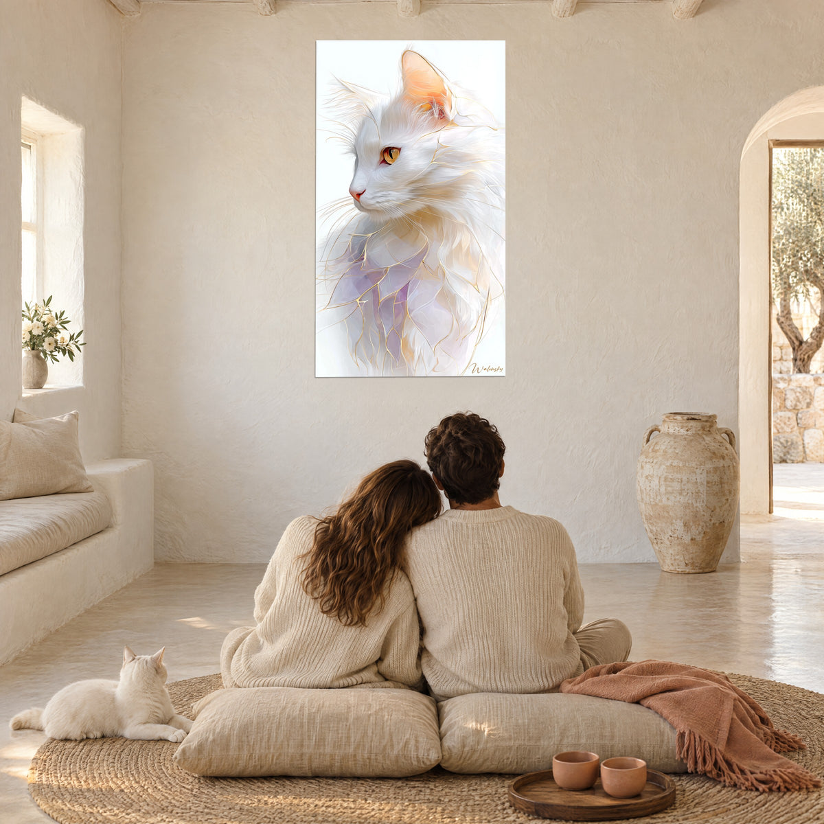Quadro felino bianco setoso, sguardo ambrato, pieghe lilla e oro, coppia di spalle su cuscini beige, gatto bianco sdraiato accanto a loro