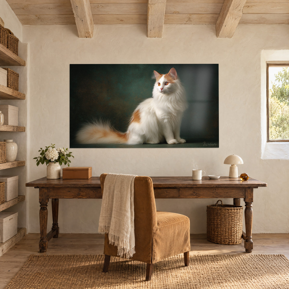Gemälde Porträt einer Turkish-Van-Katze, weißes Fell mit rotbraunen Flecken auf patiniertem Grün, über einem Holzschreibtisch