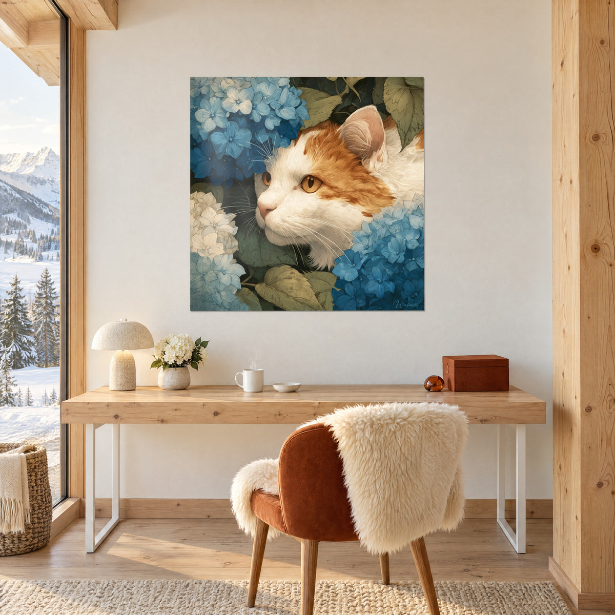 Tableau gros chat blanc à oreille rose et masque orangé sous des ombelles de fleurs bleues, mur crème d'un bureau en bois clair