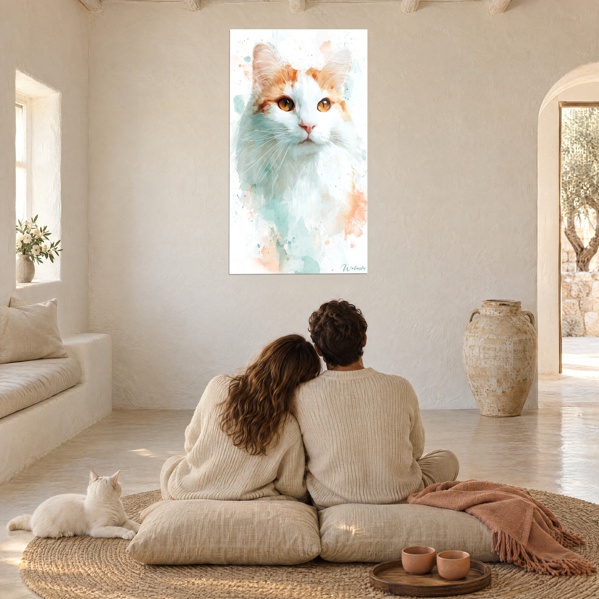 Πίνακας γατάκι Turkish Van με γαλακτερό στήθος, αποχρώσεις τιρκουάζ και πορτοκαλί, θαυμασμένο από ένα ζευγάρι από την πλάτη πάνω σε μαξιλάρια
