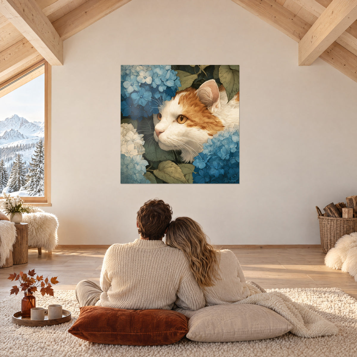 Tableau chaton roux aux longues moustaches blanches niché dans des hortensias bleus, mur crème d'un chalet de montagne enneigé