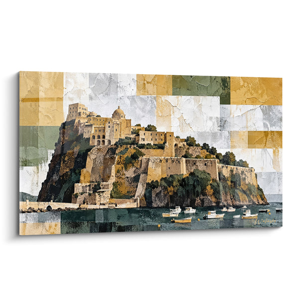 Tableau Forteresse sur rocher ocre et vert patchwork - Vigie côtière éternelle - Edition Château aragonais Campanie Italie