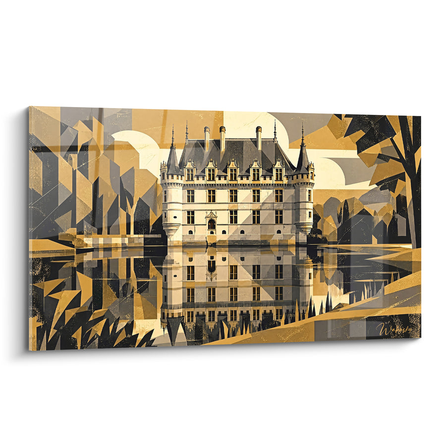 Tableau Château doré et anthracite aux tourelles reflétées - Reflet doré du soir - Edition Château d'Azay-le-Rideau Centre-Val de Loire France