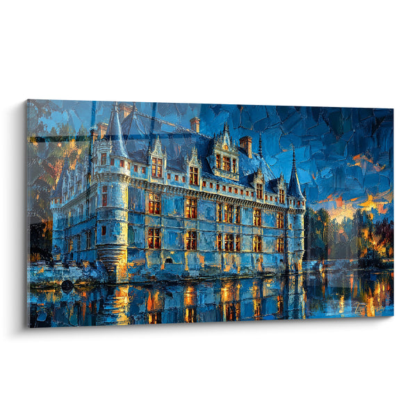 Tableau Château nocturne bleu et doré au bord de l'eau - Veillée dorée - Edition Château d'Azay-le-Rideau Centre-Val de Loire France