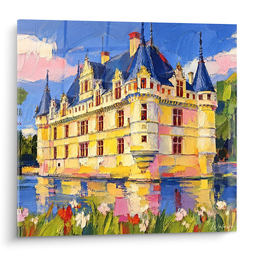 Tableau Château toits bleus et façade ocre - Reflets de printemps - Edition Château d'Azay-le-Rideau Centre-Val de Loire France