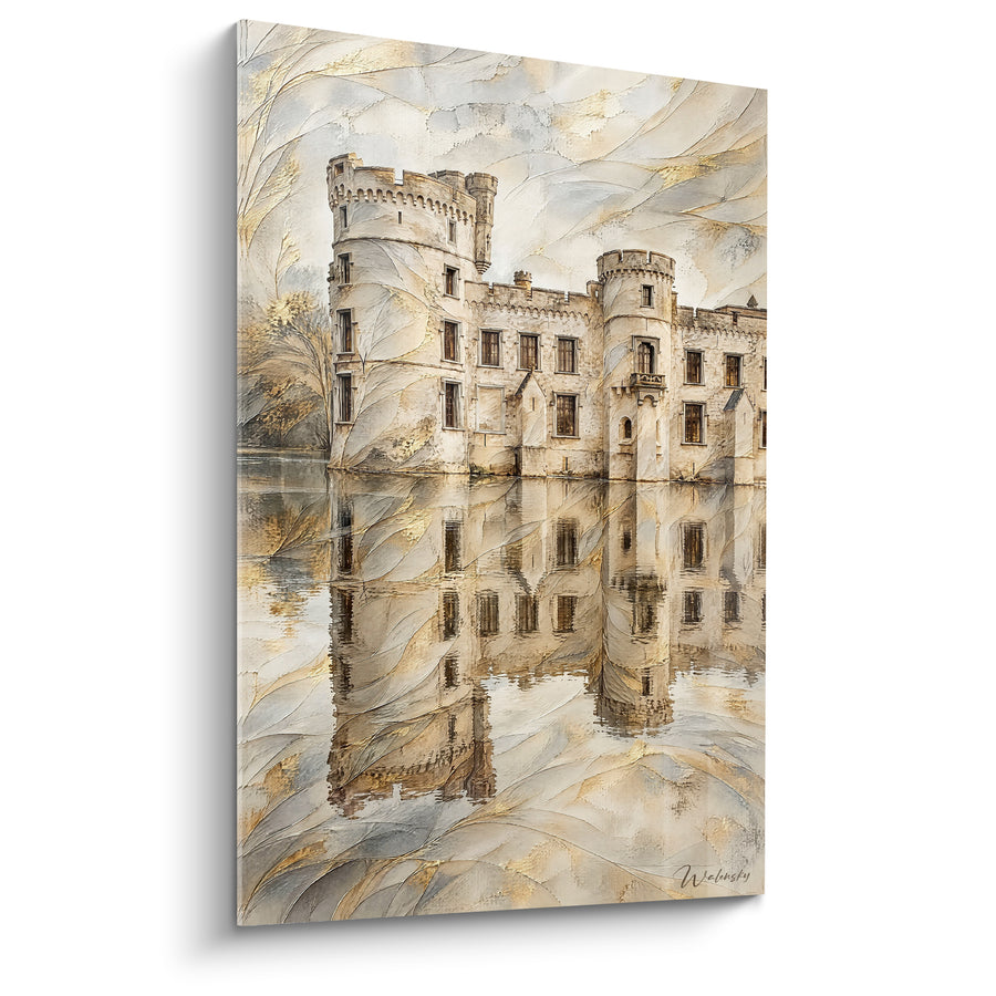 Painting Castle with beige and gold turrets reflected - Still Reflection - Edition Château de Bouchout Flemish Region Belgium