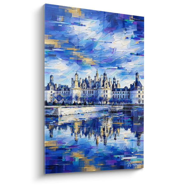 Tableau Château bleu et doré au reflet lacustre - Miroir céleste - Edition Château de Chambord Centre-Val de Loire  France