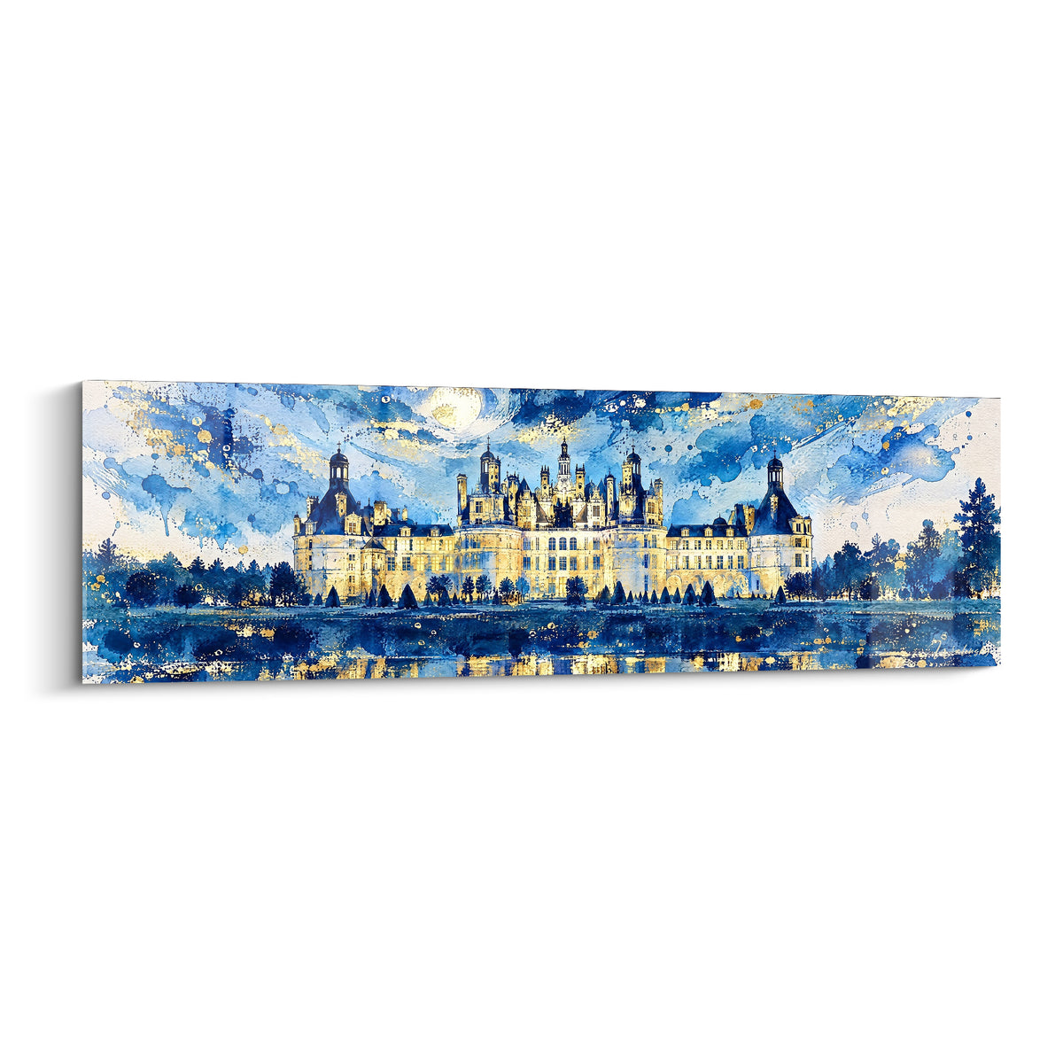 Tableau château de Chambord illuminé d'or sous un ciel bleu marine éclaboussé d'étoiles et reflets