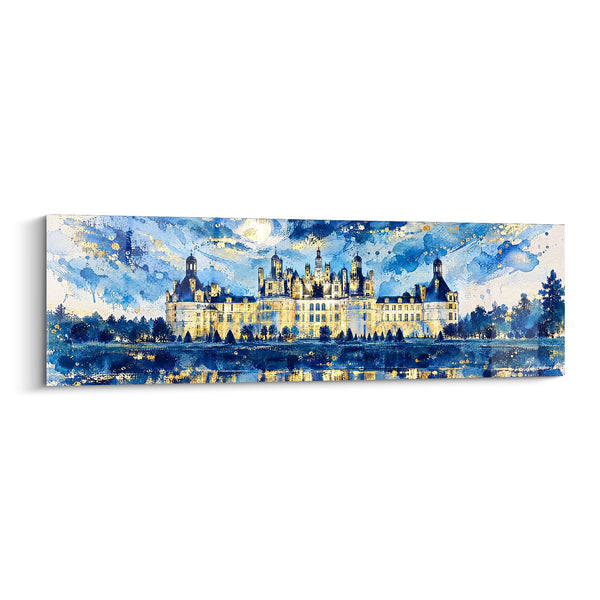 Tableau Château aux tourelles dorées et ciel bleu nocturne - Songe nocturne royal - Edition Château de Chambord Centre-Val de Loire  France
