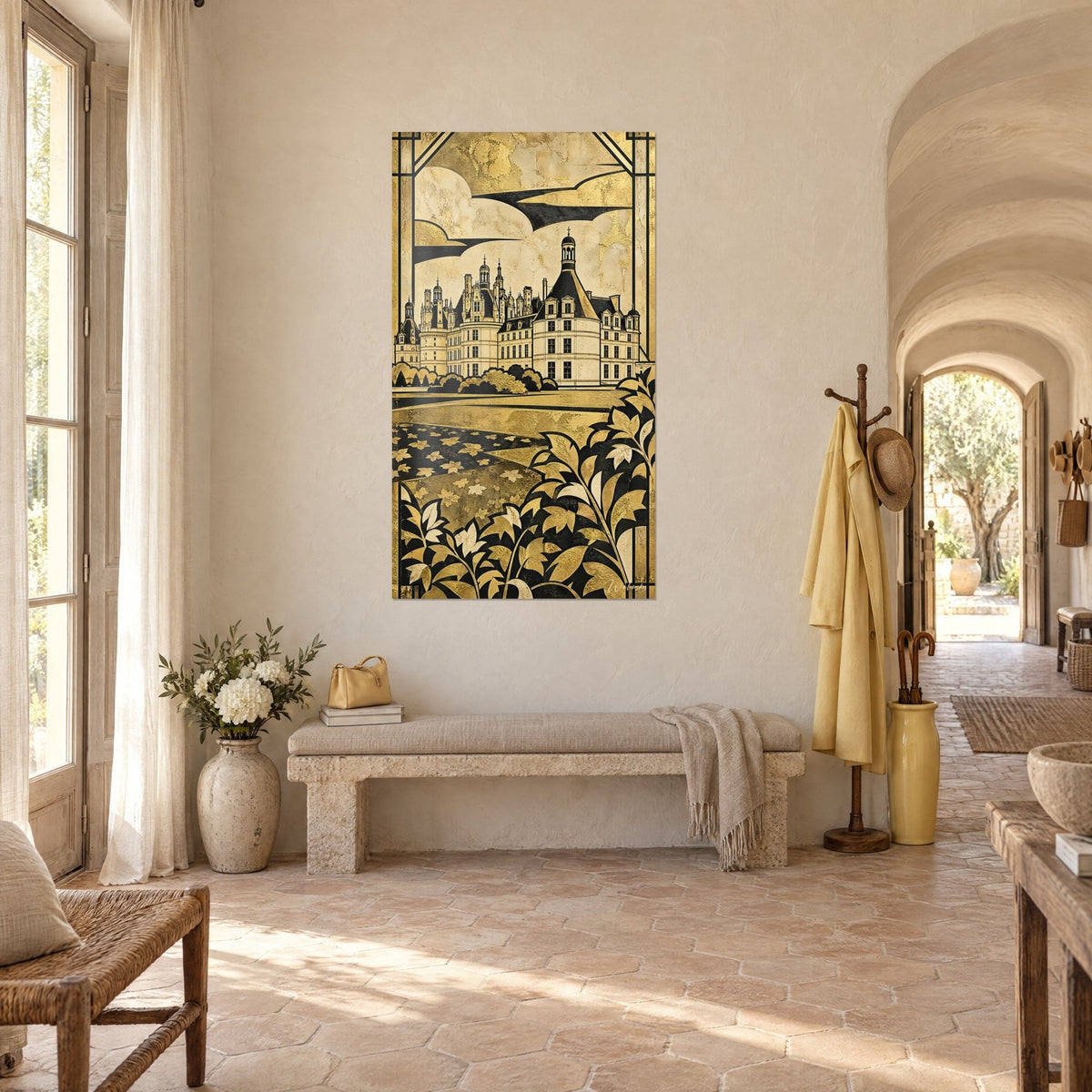 Wall art of a royal residence with ornate turrets, cracked golden sky and black lawn, seen three-quarters in a Provençal farmhouse