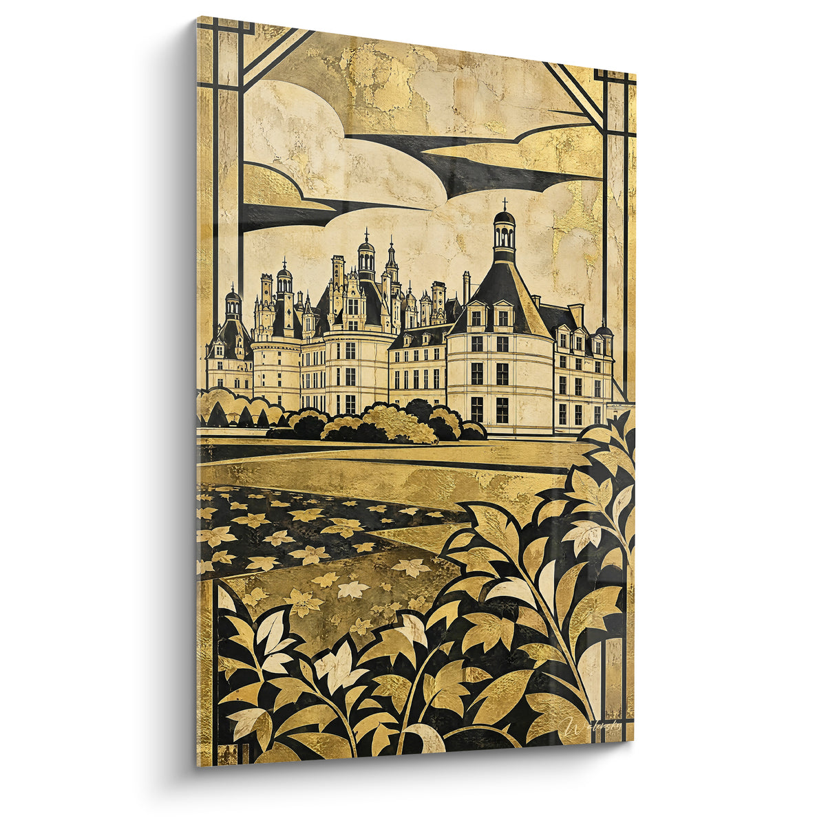 Wall art of Chambord castle in gold and black, white facades, stylised gardens with ochre plant motifs