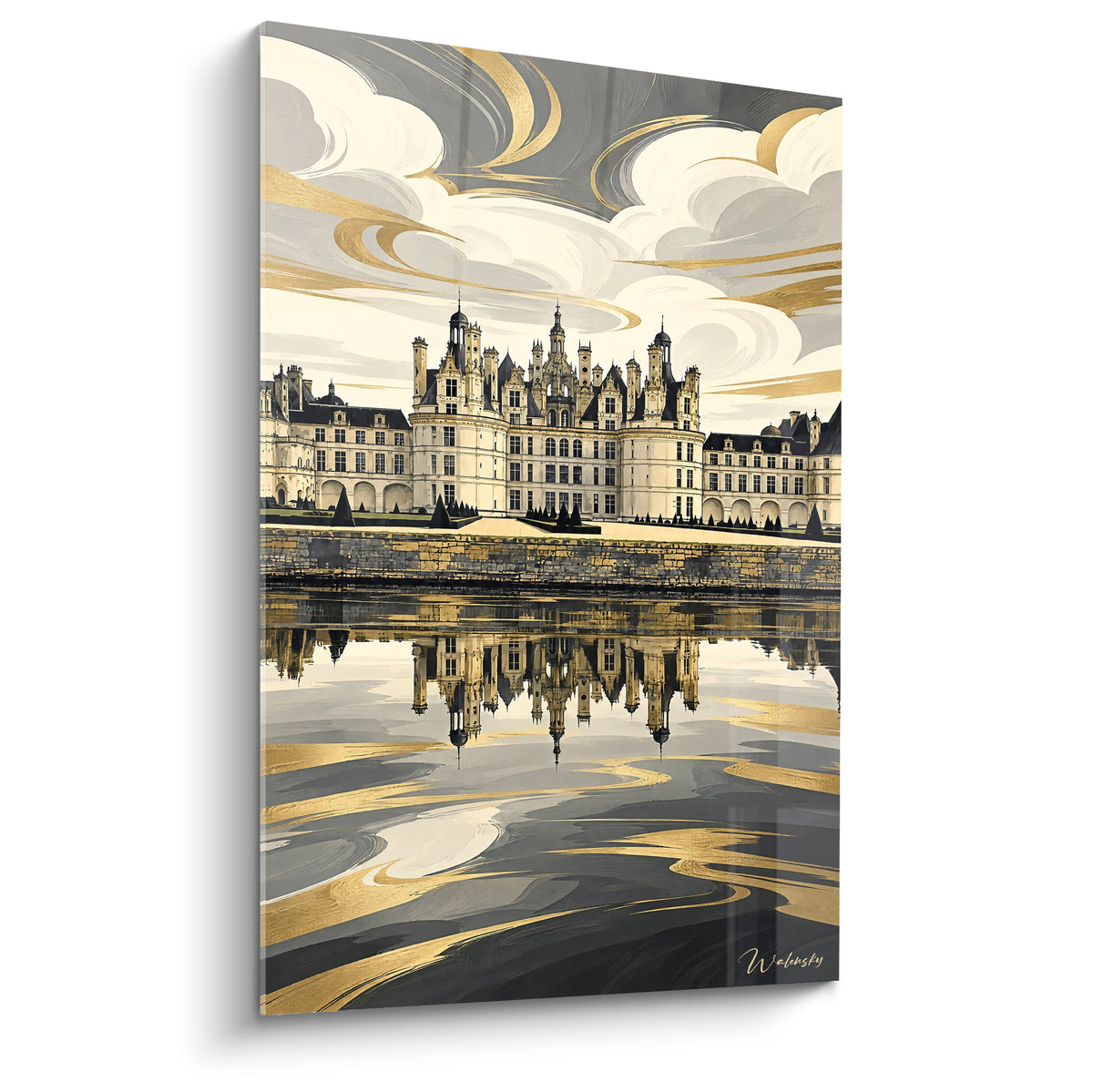 Tableau château de Chambord aux tourelles dorées, reflet anthracite et ciel crème tourbillonnant