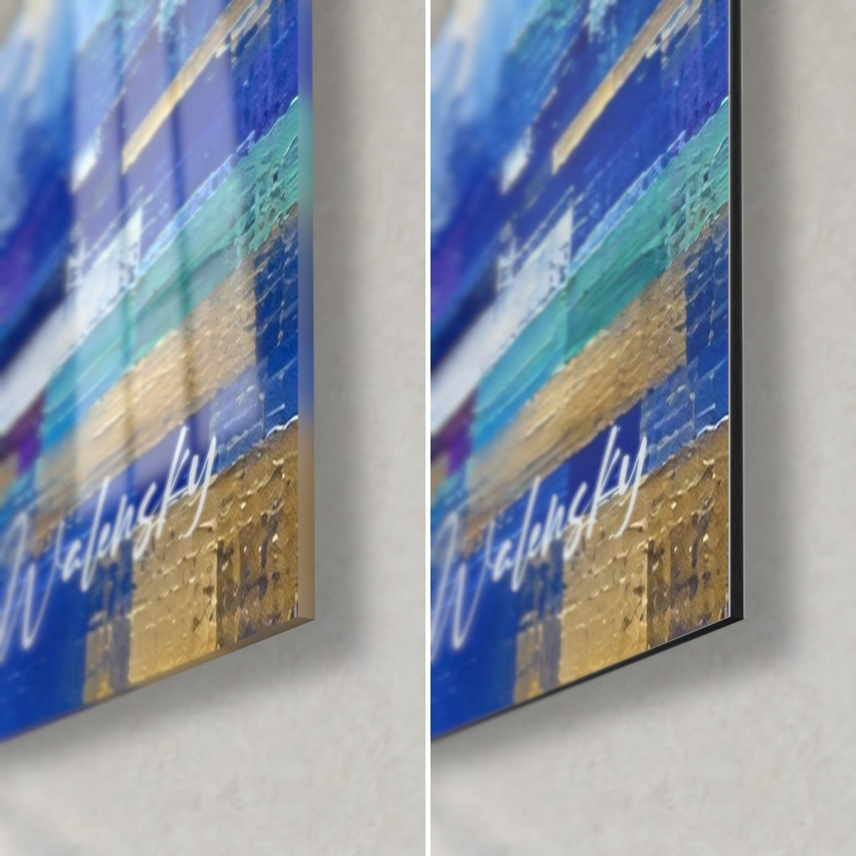 Tableau châtelain bleu et or, coin bas droit, signature Walensky blanche, verre acrylique brillant à gauche, alu Dibond mat à droite