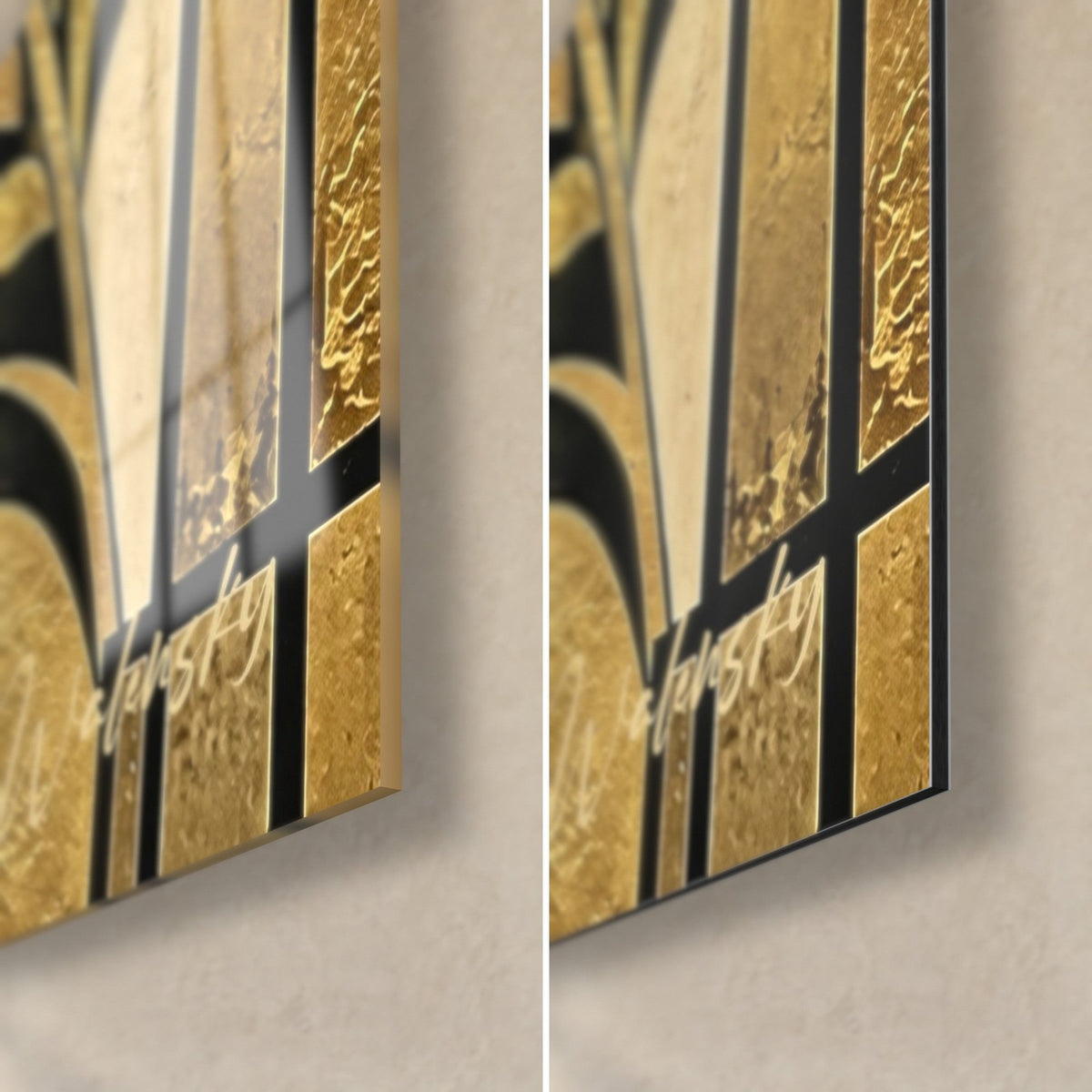 Wall art of a golden castle with ivory leaves, bottom right corner: glossy acrylic glass on the left, matte black and gold Dibond aluminium on the right