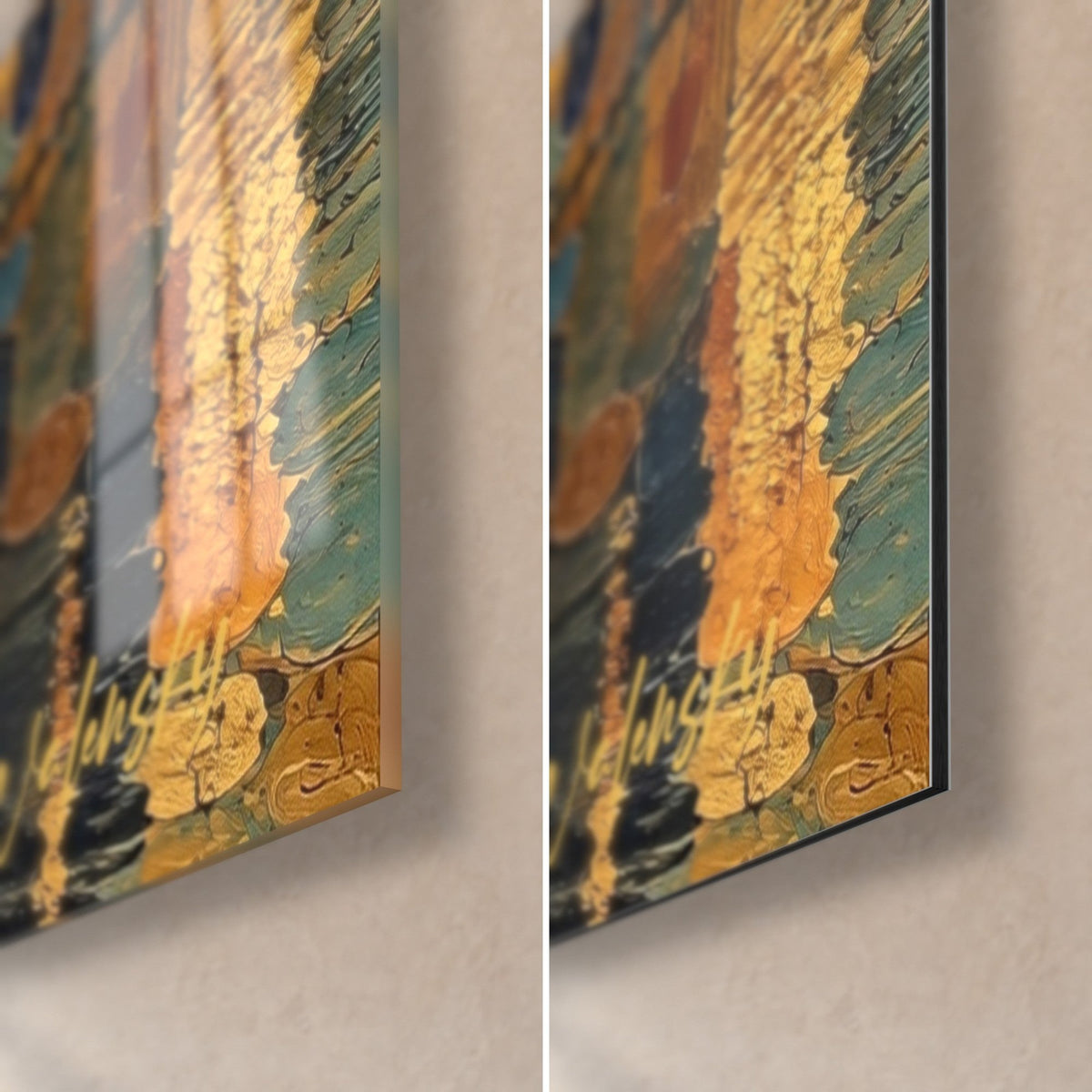 Tableau demeure royale dorée, coin bas droit : verre acrylique brillant aux reflets et Dibond mat, tranche de 3 mm, spirales ocre et bleu