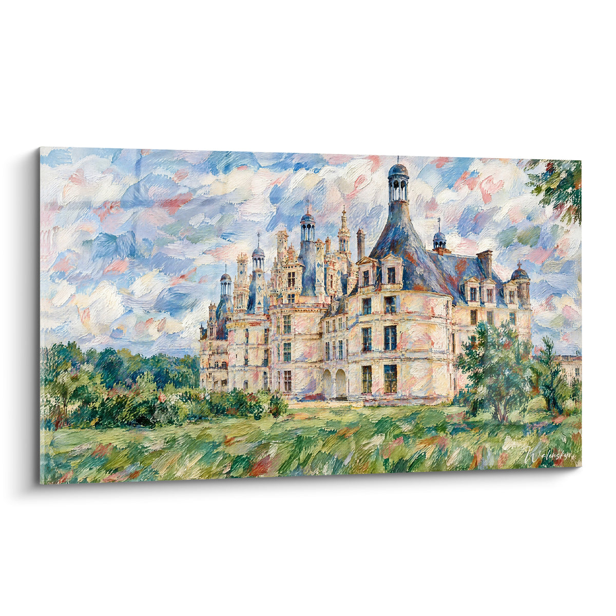 Tableau château de Chambord aux tourelles d'ardoise bleue, pierre blonde et ciel rosé impressionniste