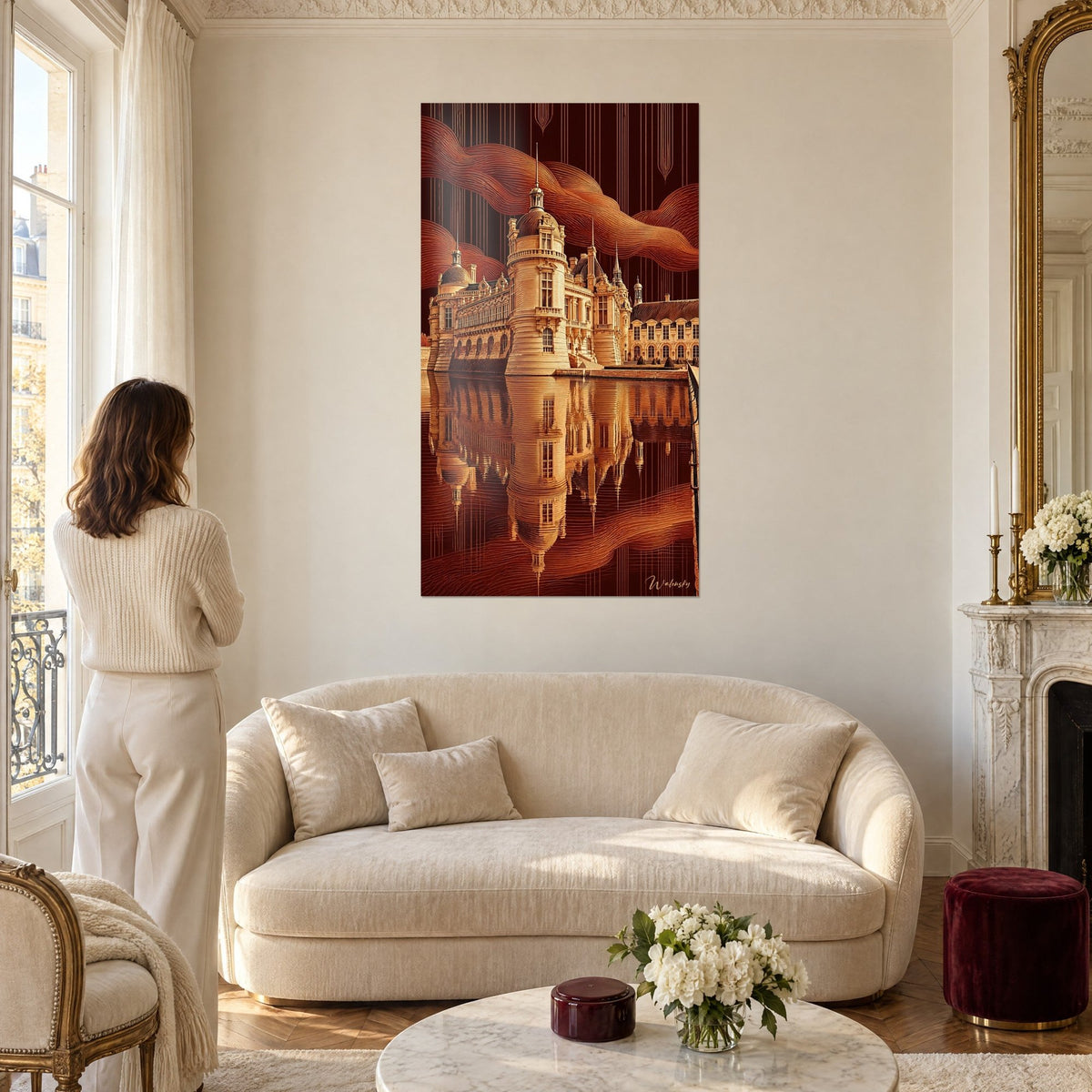 Quadro castello di Chantilly dorato riflesso nell'acqua, cielo bruno ramato, sopra un divano in un soggiorno luminoso