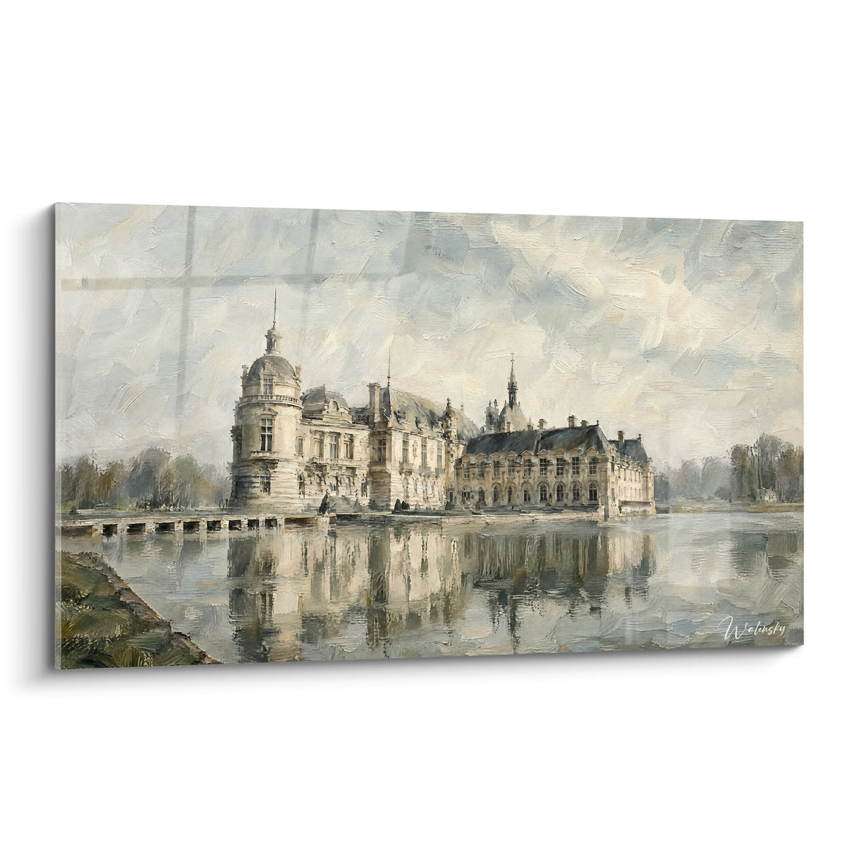 Tableau château de Chantilly peint en gris et beige, reflet sur l'eau, touches picturales épaisses