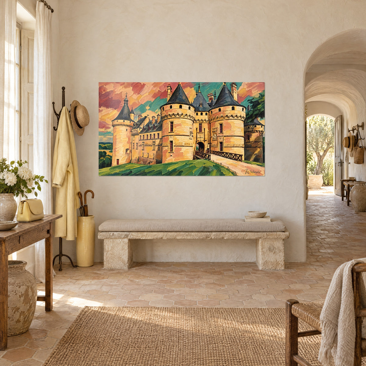 Gemälde Schloss an der Loire in dicken Pinselstrichen, brauner Zugbrücke, grünem Hügel, korallenfarbenem Himmel, gegenüber einer Steinbank in einem Landhaus