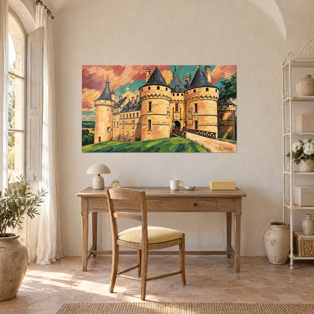Gemälde einer befestigten Palastanlage in Öl, honiggelbe Türme, bordeauxrote Fenster, sattgrüner Rasen, pastellfarbener Himmel, über einem Holzschreibtisch