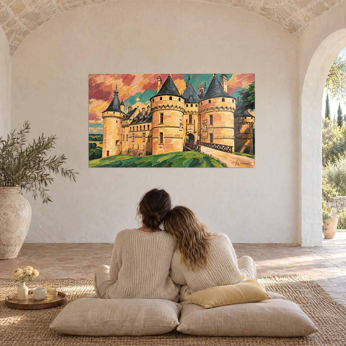 Gemälde Renaissanceschloss mit sandfarbenen Wehrmauern, blaugrauen Dächern, rosa und türkisfarbenen Wolken, betrachtet von zwei Personen, die auf dem Boden sitzen