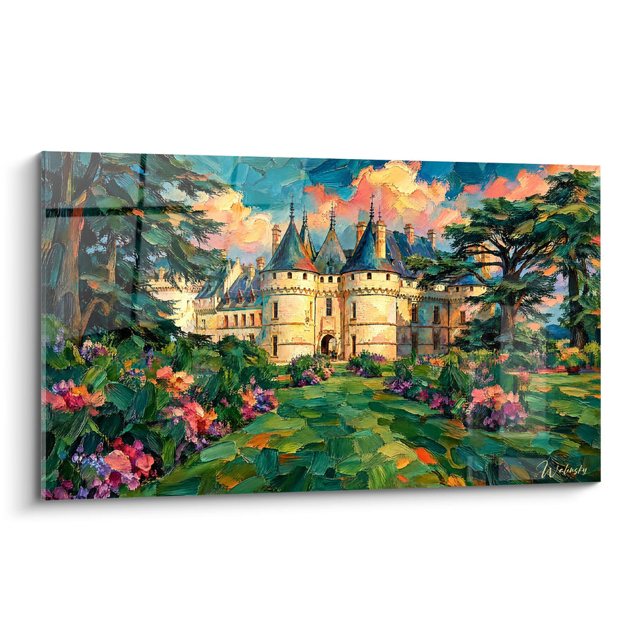 Painting Blue Turreted Castle and Flower Garden - Evening Stroll - Chateau de Chaumont-sur-Loire Estate Edition, Centre-Val de Loire, France