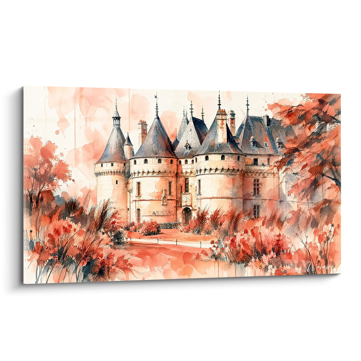 Tourelles ardoise du Château de Chaumont-sur-Loire émergeant d'une aquarelle corail et beige