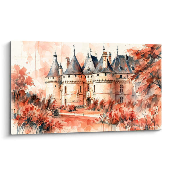 Tableau Château aux tourelles ardoise et végétation corail - Flamboyance automnale - Edition Château de Chaumont-sur-Loire Centre-Val de Loire France