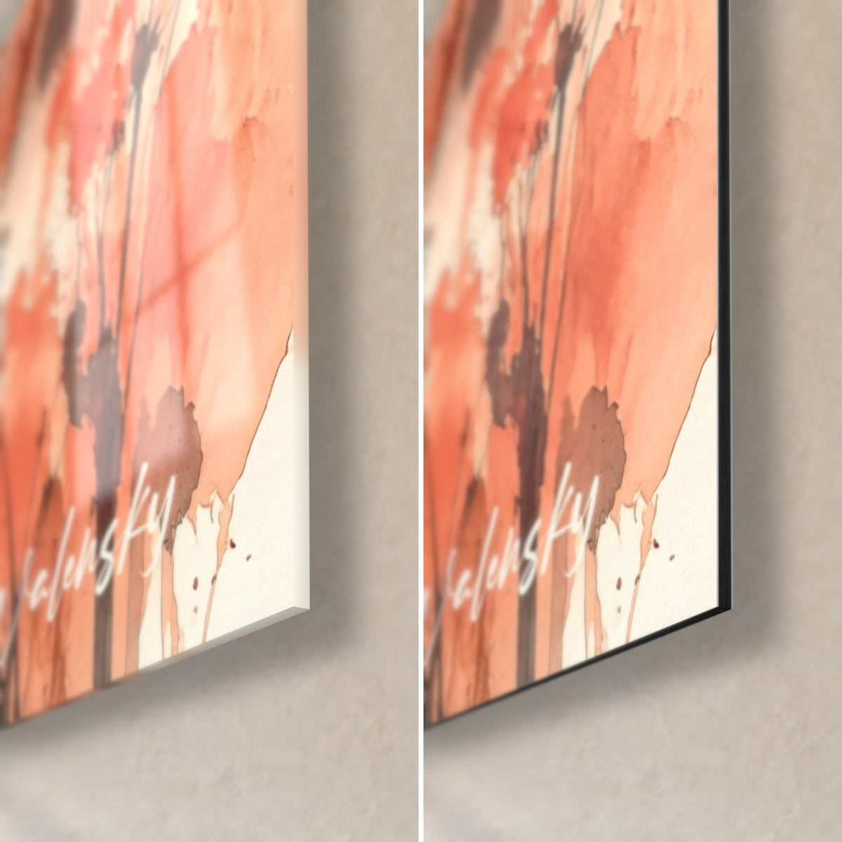 Schilderij van een herenhuis in aquarel, rechtsonder: koraal- en crèmekleurige druipsporen, glanzend glas en mat zwart Dibond