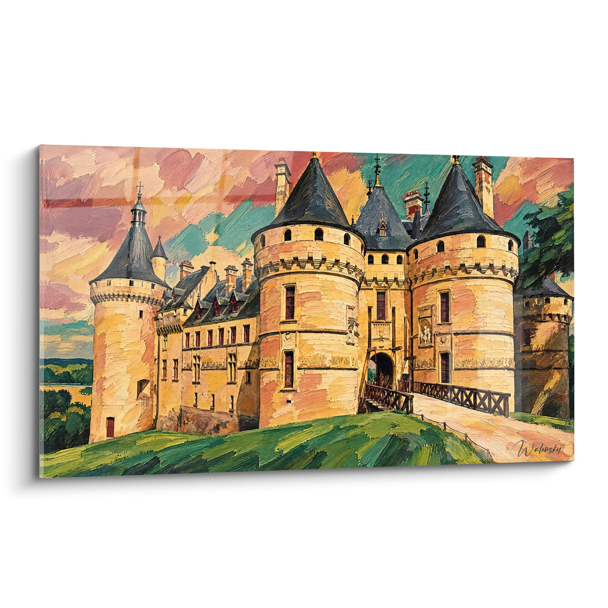 Gemälde Schloss von Chaumont-sur-Loire in Ocker mit blaugrauen Türmchen unter einem rosa und türkisfarbenen Himmel
