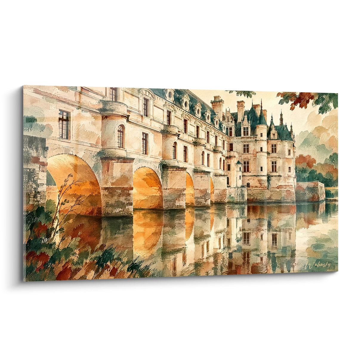 Quadro castello di Chenonceau con archi ocra e dorati, riflesso in acqua verde calma, ad acquerello