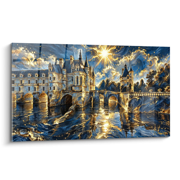 Quadro Castello sull'acqua dai riflessi blu e oro - Alba sul fiume - Edizione Castello di Chenonceau Centro-Valle della Loira Francia