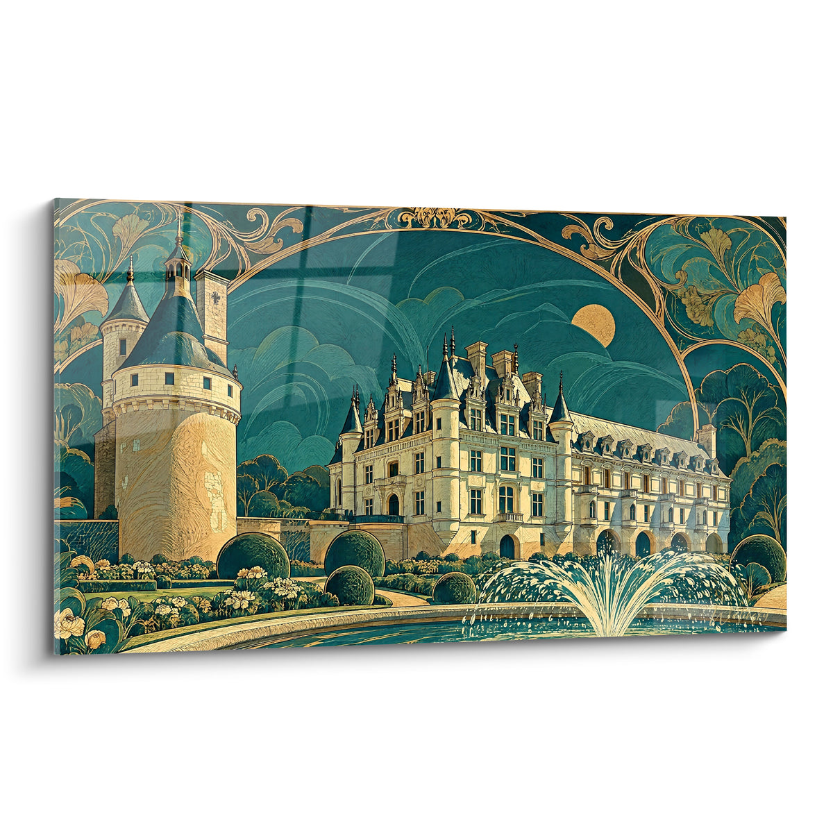 Tableau château de Chenonceau en façade ocre et crème, tourelles bleu ardoise sous une lune dorée stylisée