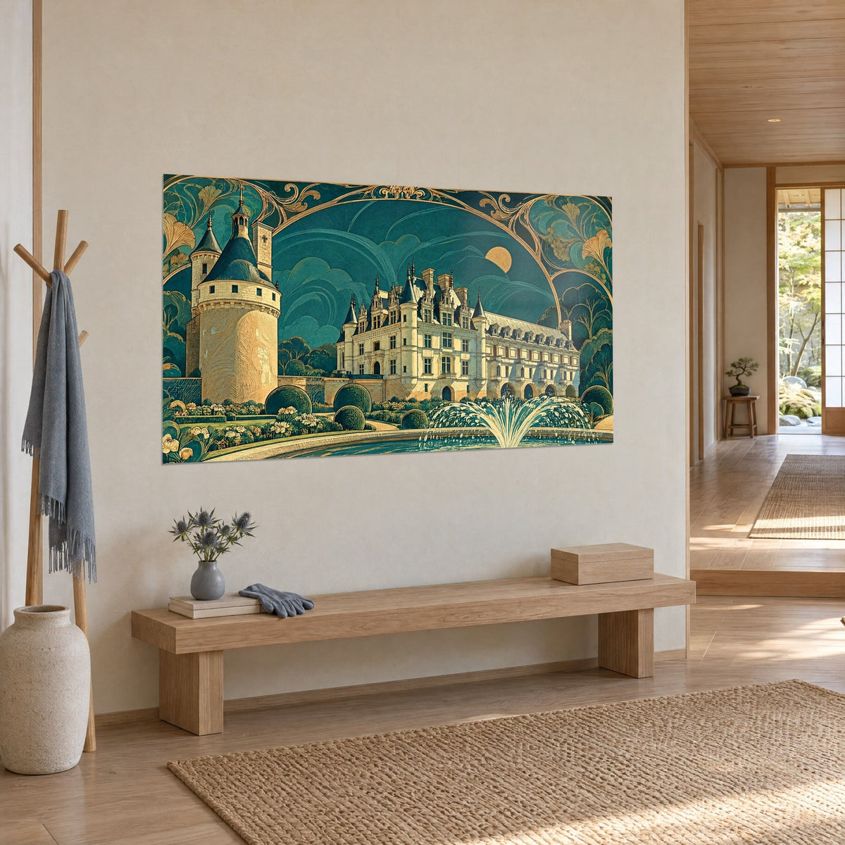 Tableau demeure Renaissance crème sous un ciel bleu pétrole, lune dorée et cadre Art nouveau, mur beige d'un couloir clair