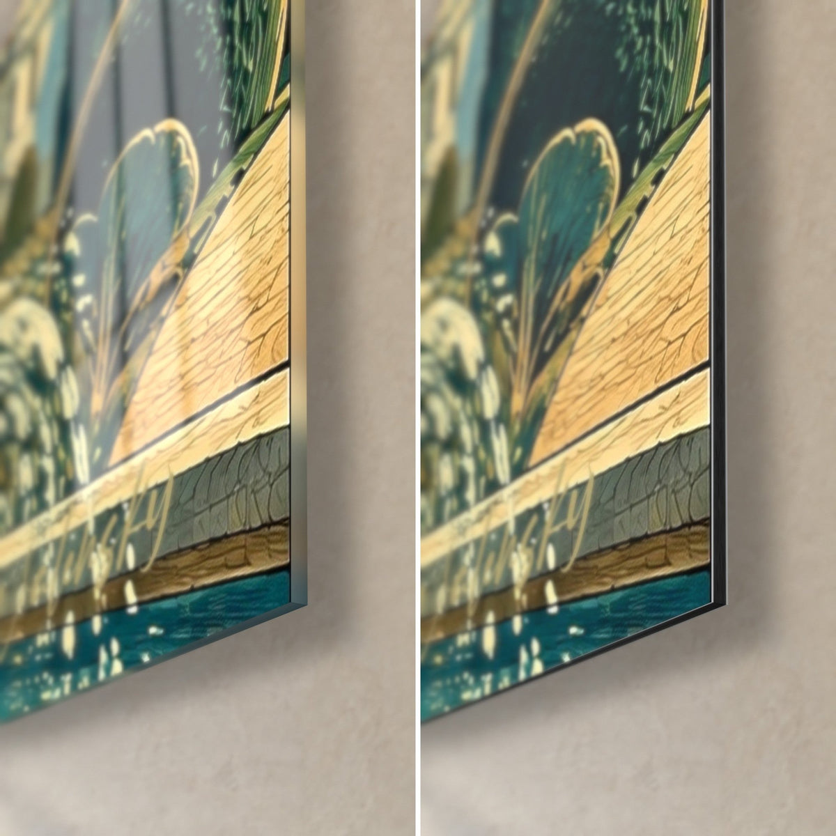 Tableau manoir ivoire et or en aplats, coin bas droit : verre acrylique brillant à gauche, Dibond mat à droite, tranche de 3 mm