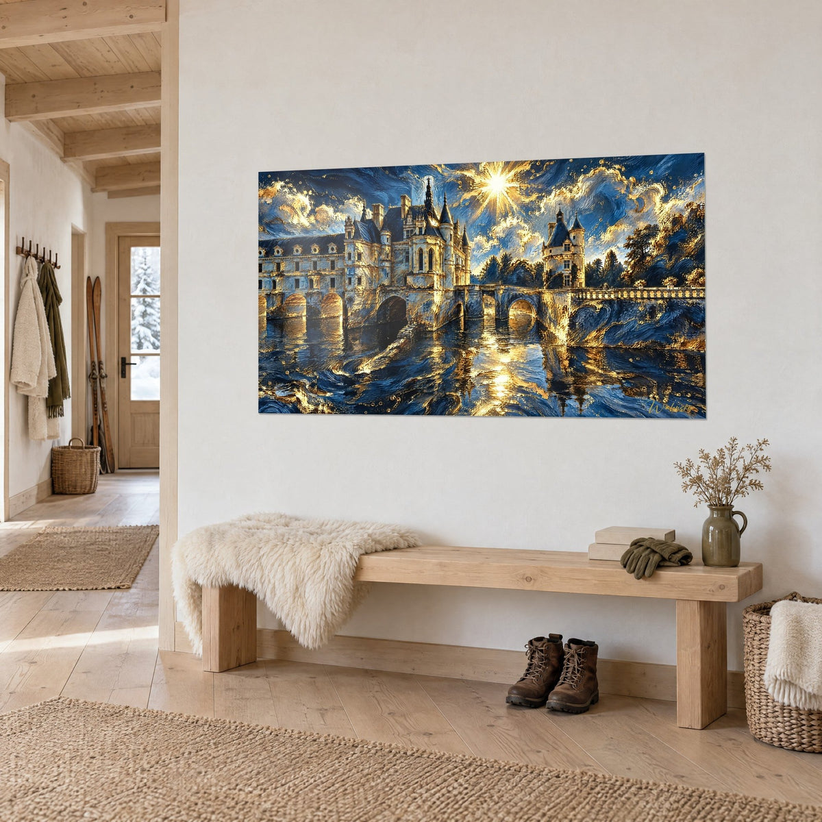 Quadro di una dimora rinascimentale riflessa in un fiume blu cobalto e oro, sole radioso, sopra una panca di legno nell'ingresso di uno chalet