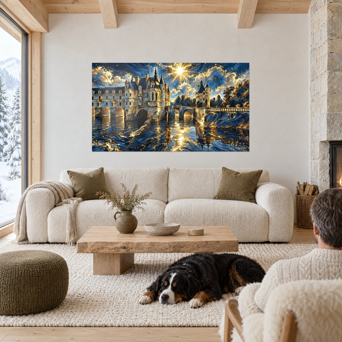 Quadro del castello di Chenonceau con archi dorati su acque blu notte, sole stellato, un cane sdraiato davanti, sopra un divano in un soggiorno luminoso