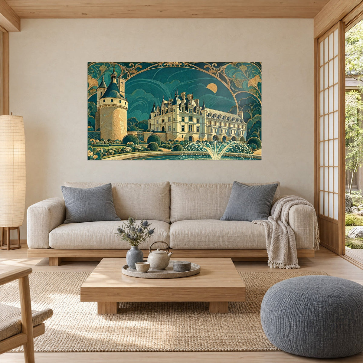 Tableau château de Chenonceau en ivoire et or, tourelles bleu pétrole, jet d'eau, au-dessus d'un canapé dans un salon lumineux