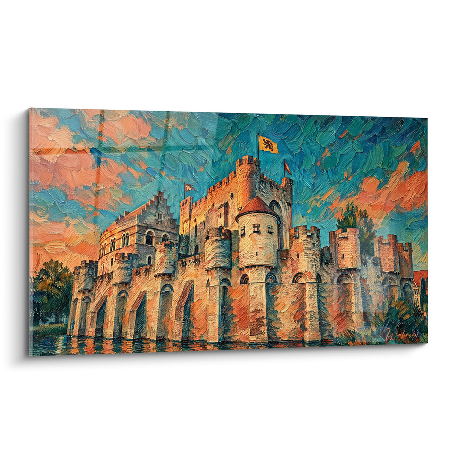 Painting Medieval Fortress with Ochre and Blue Towers - Watch at Dusk - Edition Castle of the Counts of Flanders Flemish Region Belgium