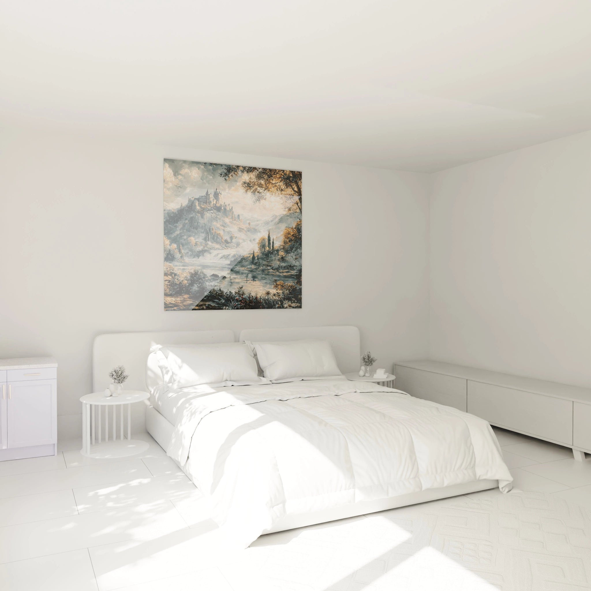 tableau château gothique Walensky suspendu au dessus du lit blanc minimaliste dans une chambre lumineuse