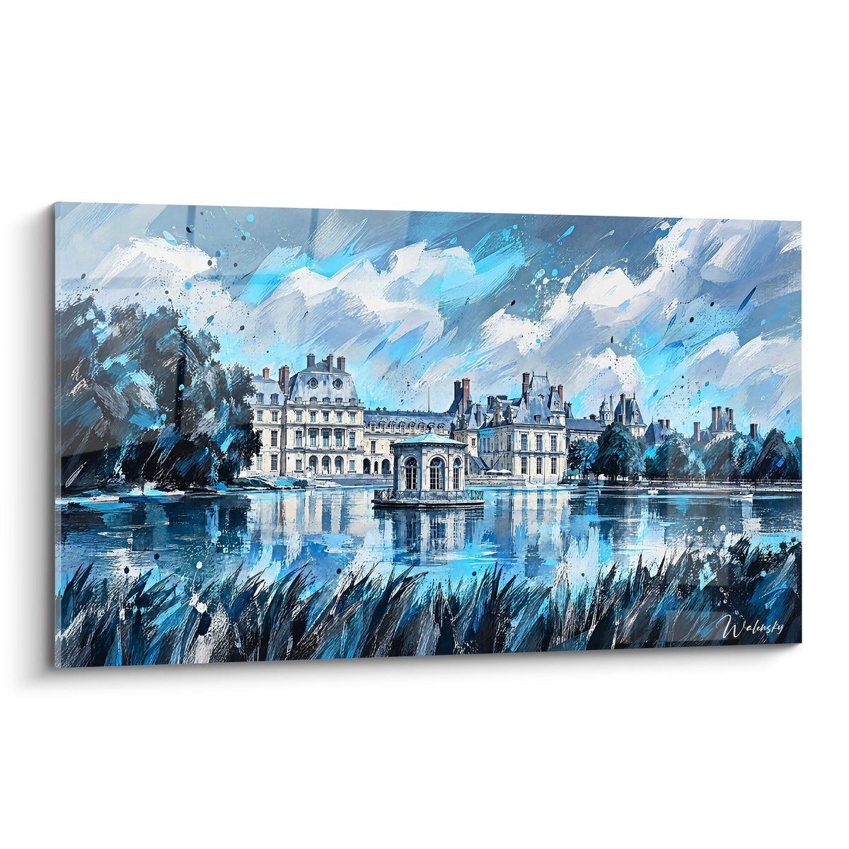 Tableau château de Fontainebleau peint en bleu marine et blanc, reflété sur l'étang aux carpes