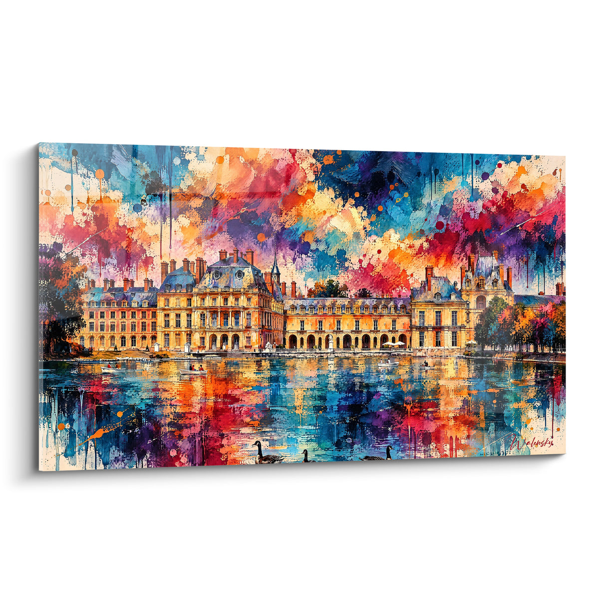 Tableau château de Fontainebleau doré sous un ciel éclaté bleu marine et pourpre, reflets dans l'eau