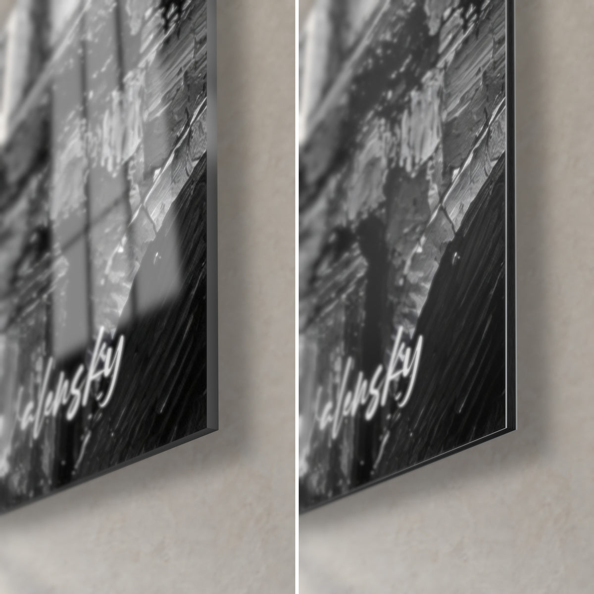 Gemälde Herrenhaus mit weißen und schwarzen Türmchen, untere rechte Ecke: glänzendes Acrylglas links, mattes Dibond rechts, 3 mm Kante