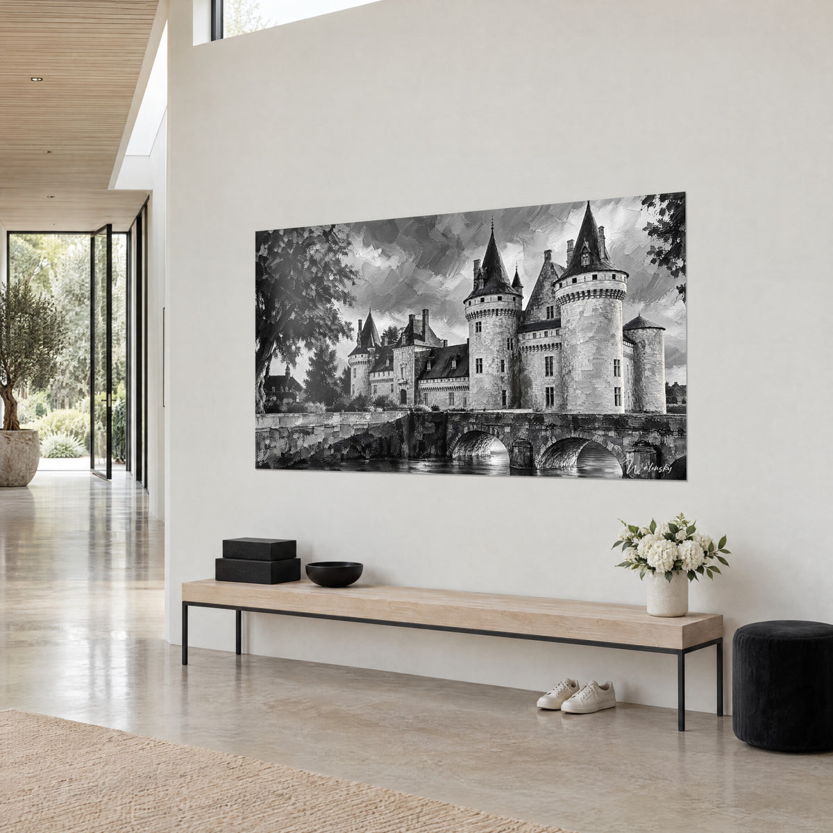 Gemälde Festung aus hellem Stein mit schwarzen Schieferdächern, Baum mit dunklem Laub, beige Wand eines Architektenhauses