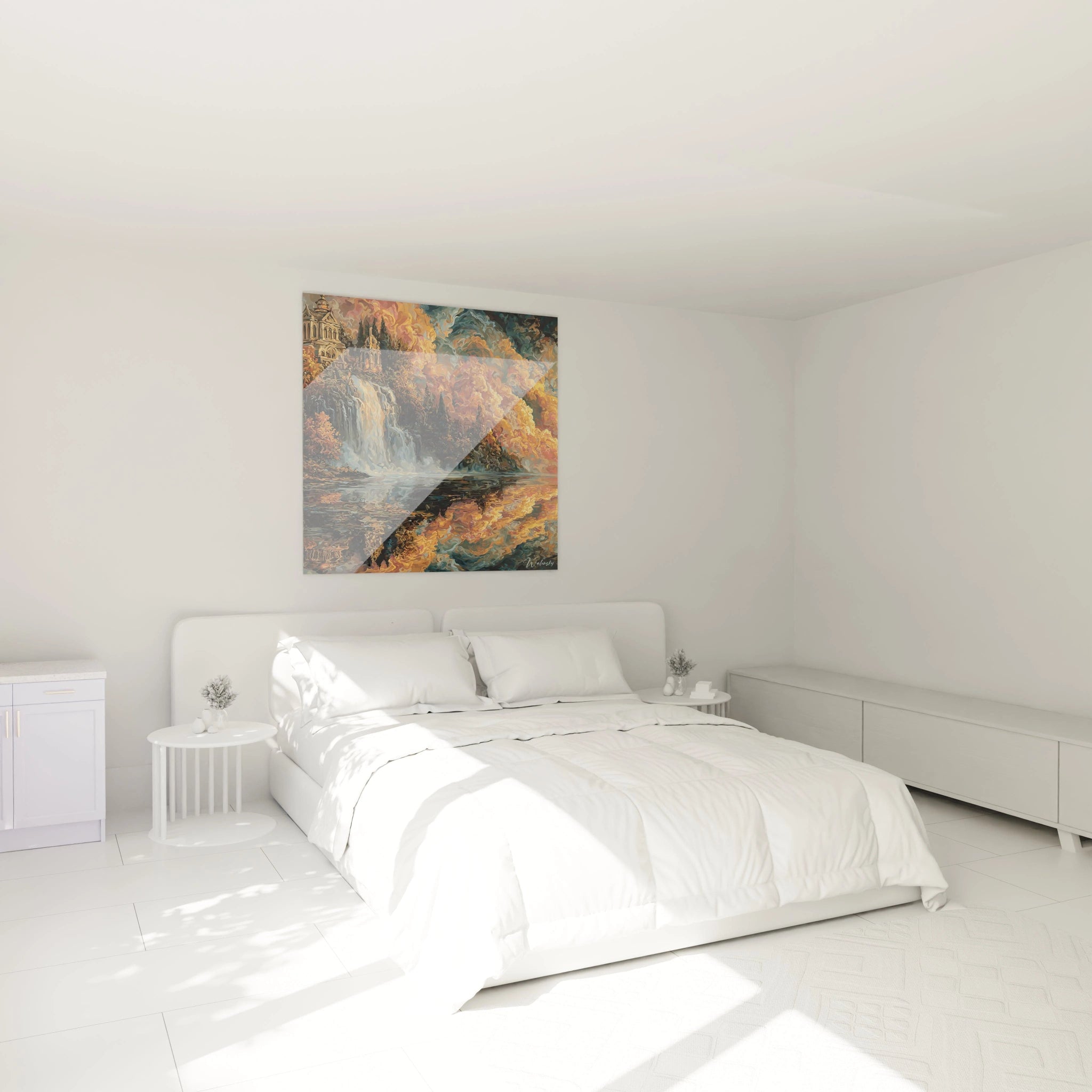 tableau château gothique Walensky accroché au dessus du lit blanc dans une chambre minimaliste et lumineuse