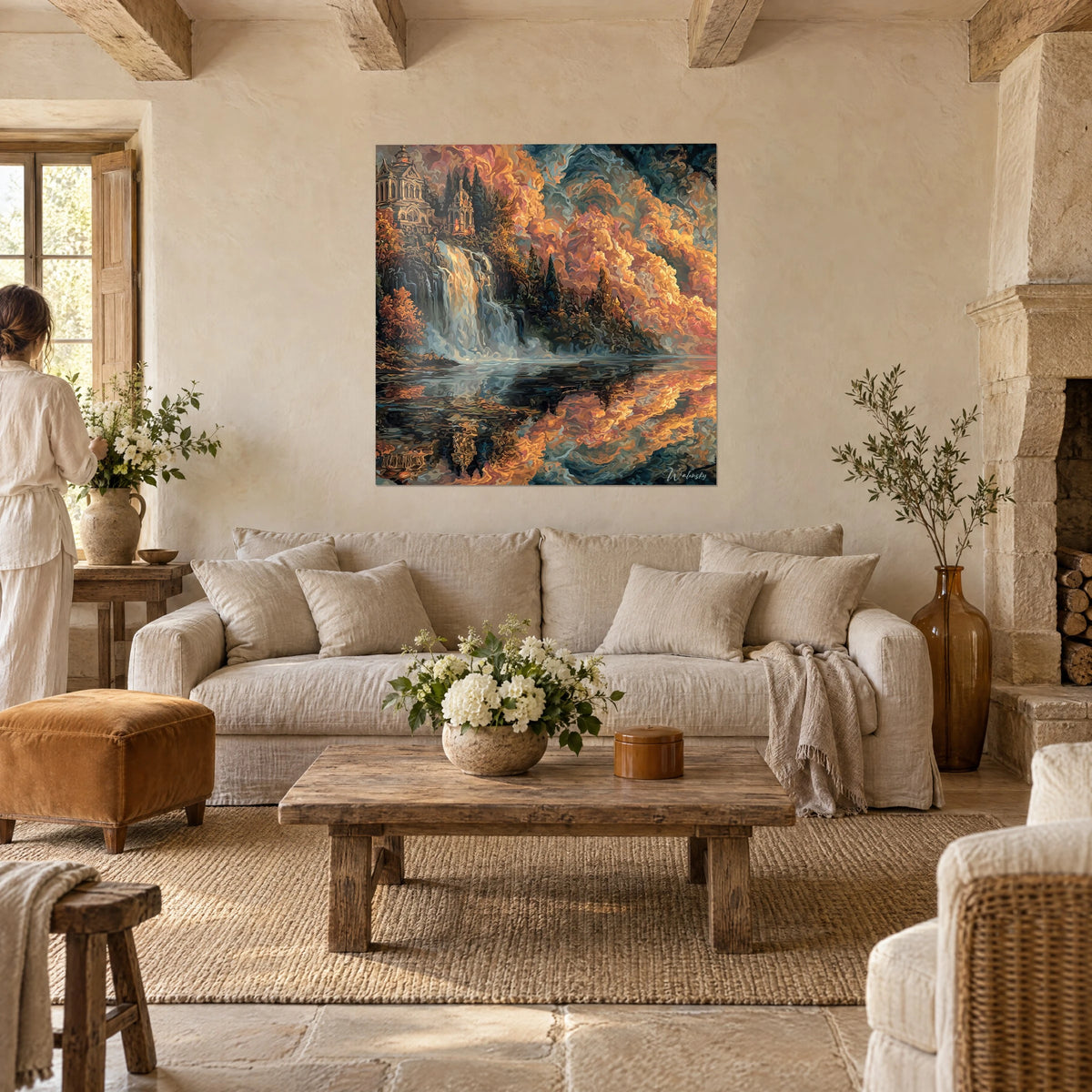 Wall art gothic castle perched above a waterfall, orange and copper foliage, dark reflection, above a sofa in a bright living room