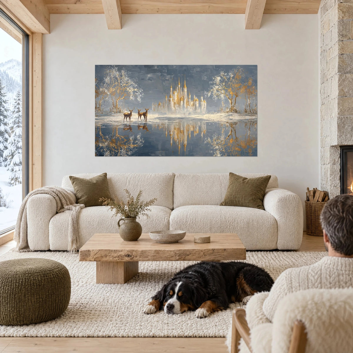 Tableau château de conte aux flèches dorées, trois cerfs sur la glace bleu acier, reflets, au-dessus d'un canapé dans un salon lumineux