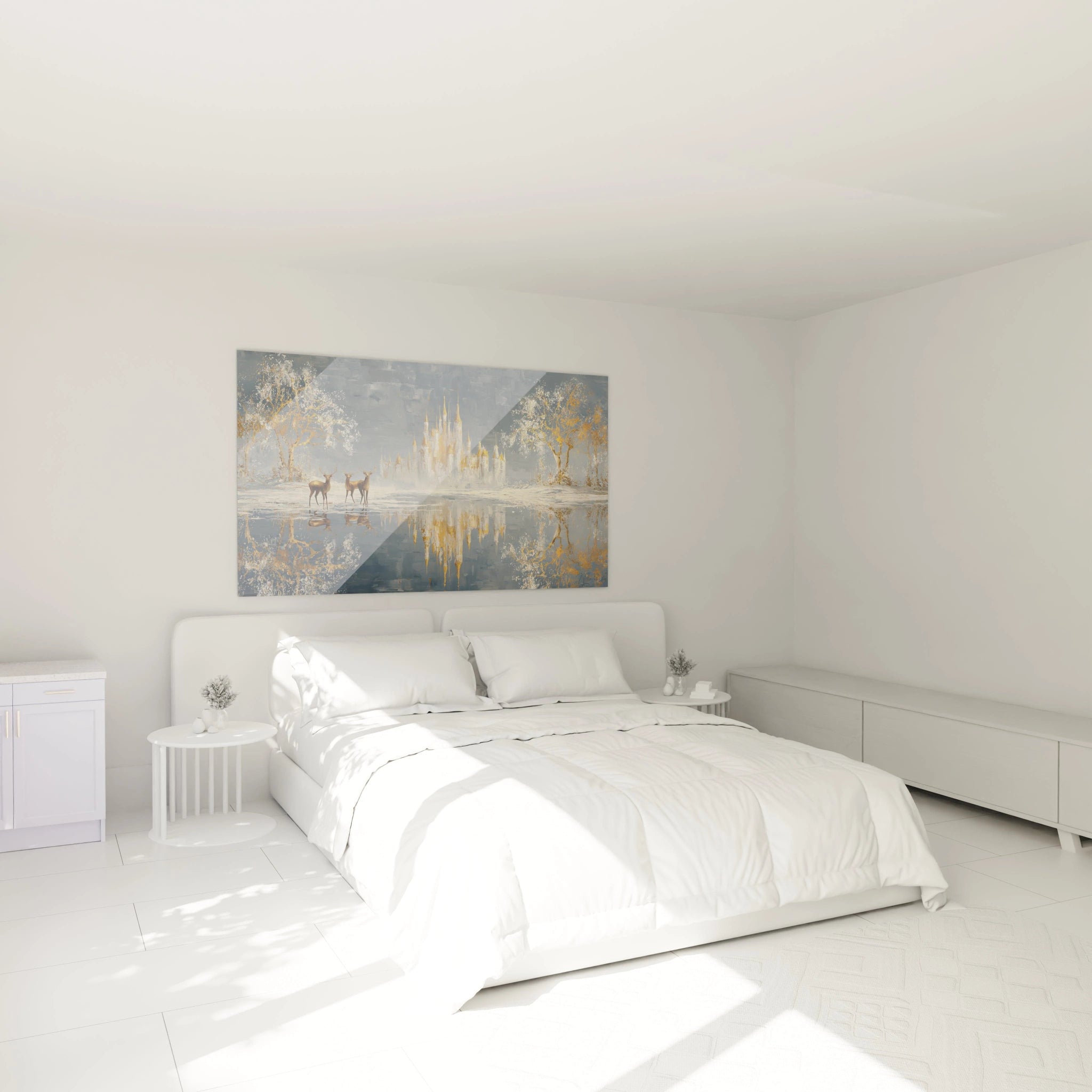 Tableau mural château neige édition Noël décoratif dans une chambre moderne et lumineuse
