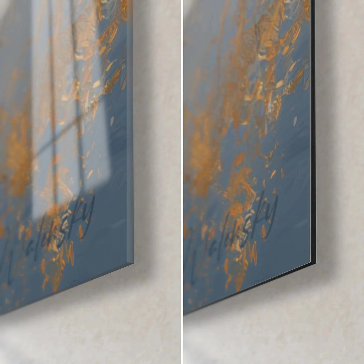 Tableau citadelle féerique, coin bas droit : coulures dorées sur fond bleu gris, verre brillant et Dibond mat, tranche de 3 mm